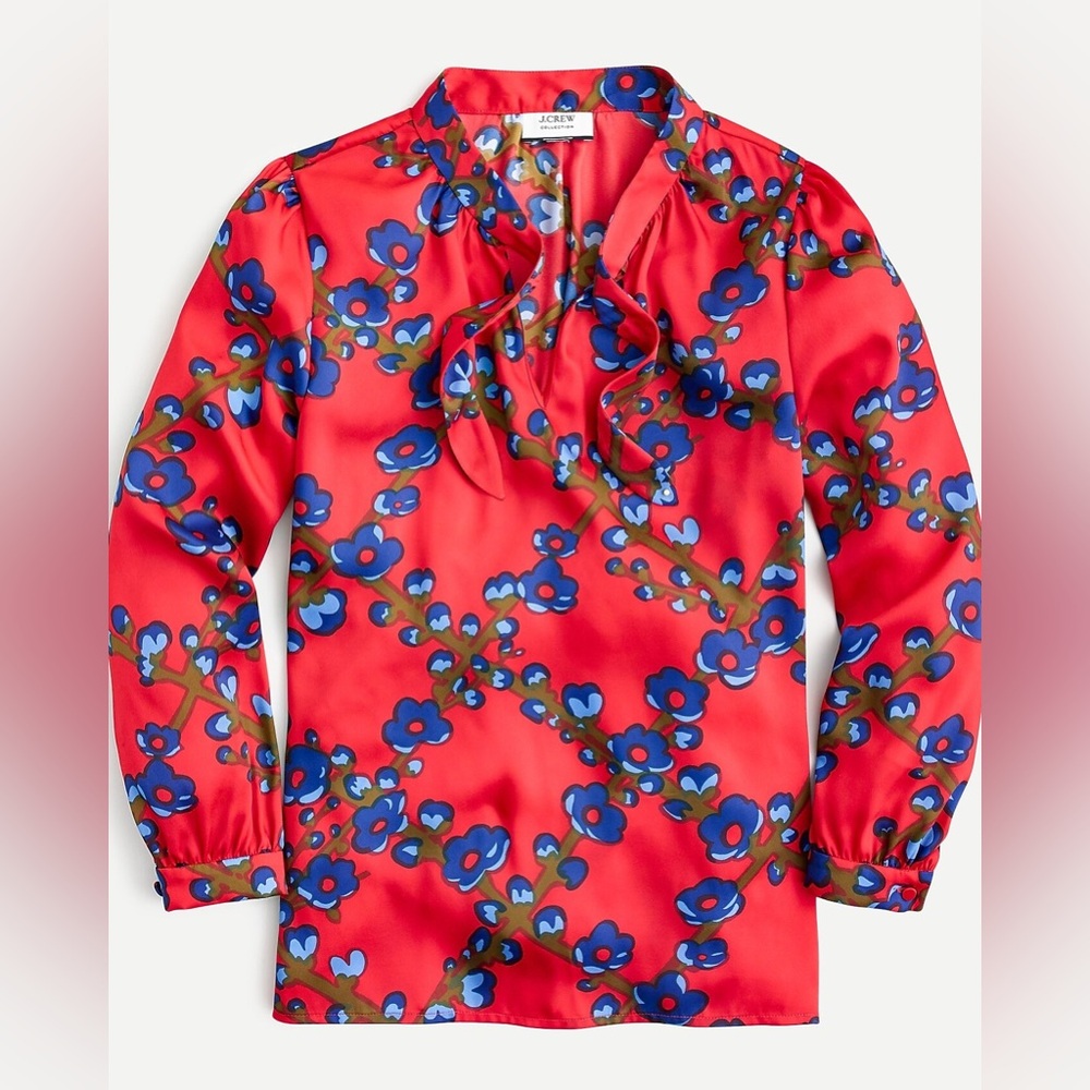 J. Crew Red Floral Tie-neck top in lattice floral blouse